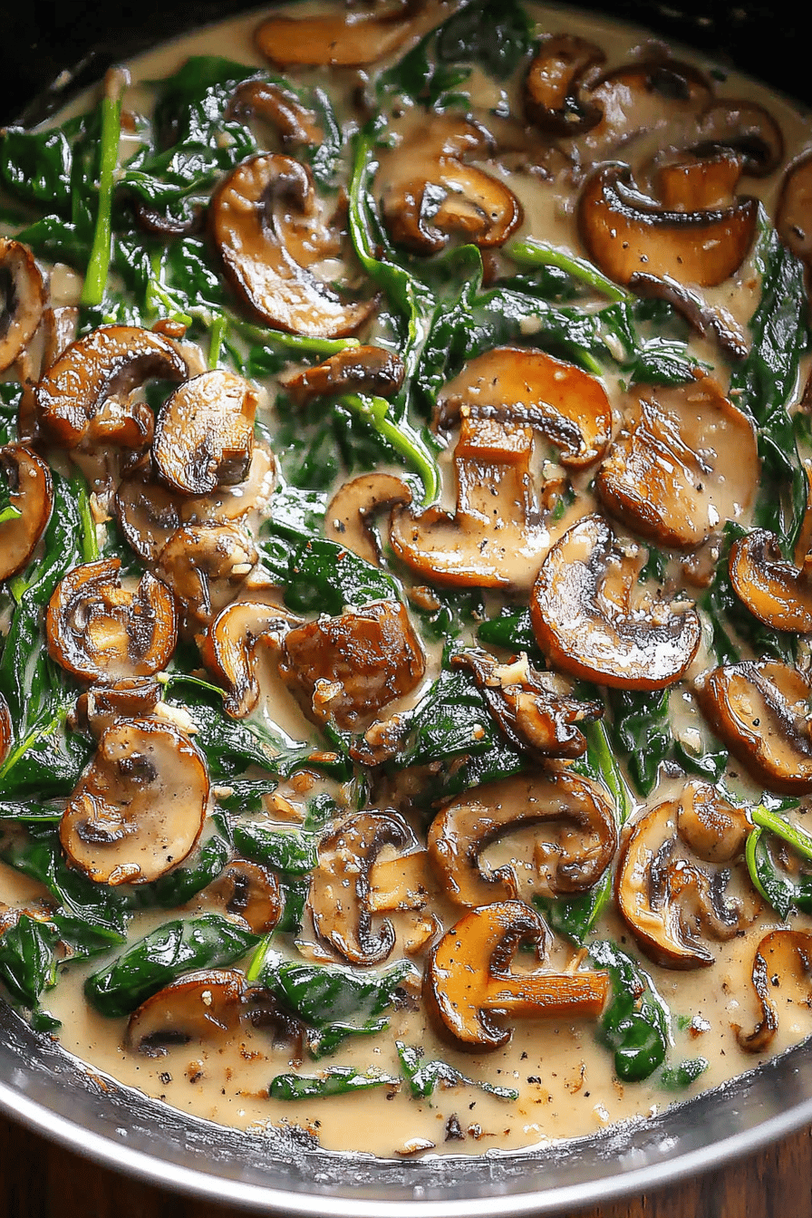 sauteed spinach mushrooms slice on plate showing perfect texture and swirl pattern