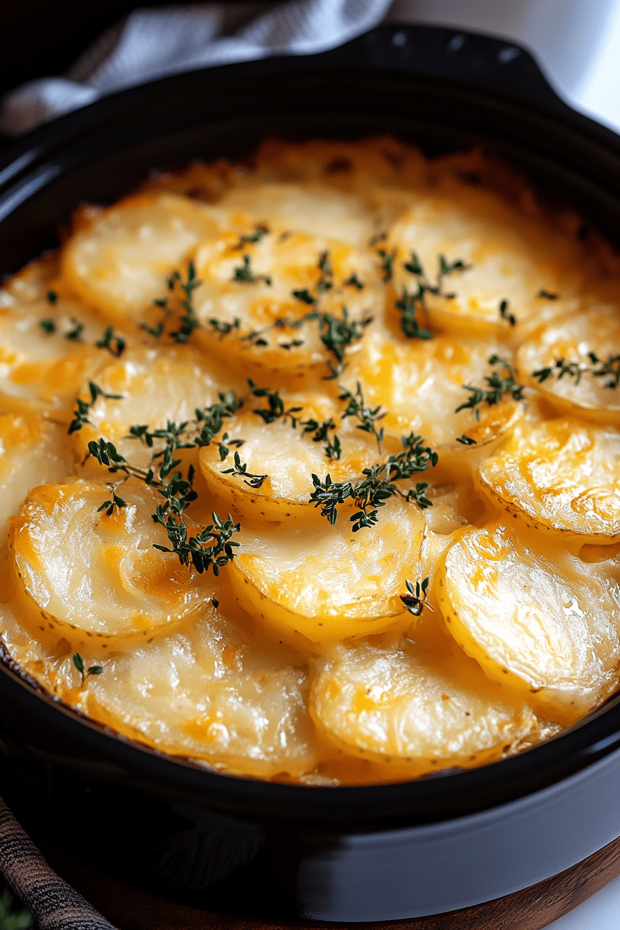scalloped potatoes slice on plate showing perfect texture and swirl pattern