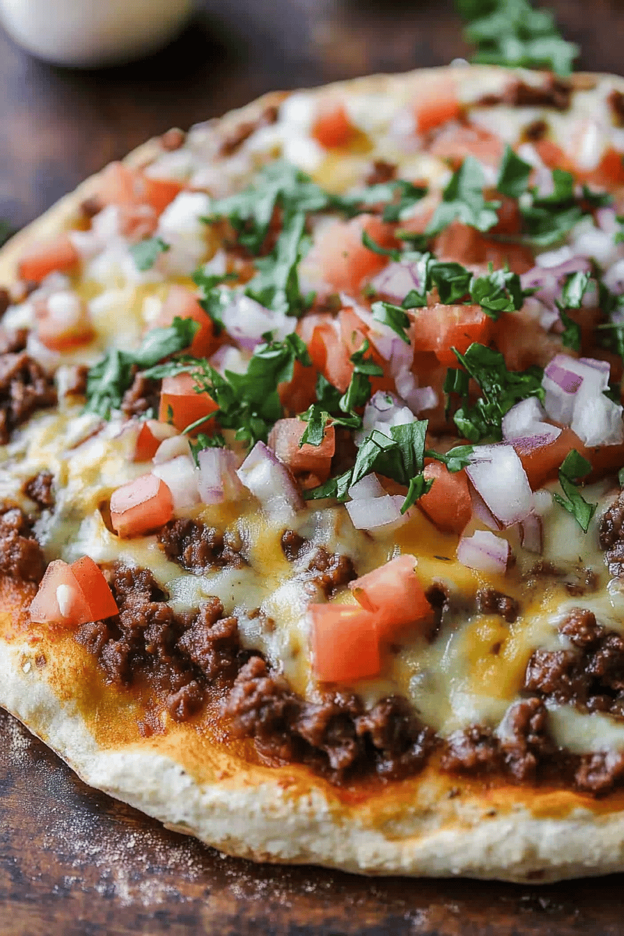 taco pizza ingredients organized and measured on kitchen counter