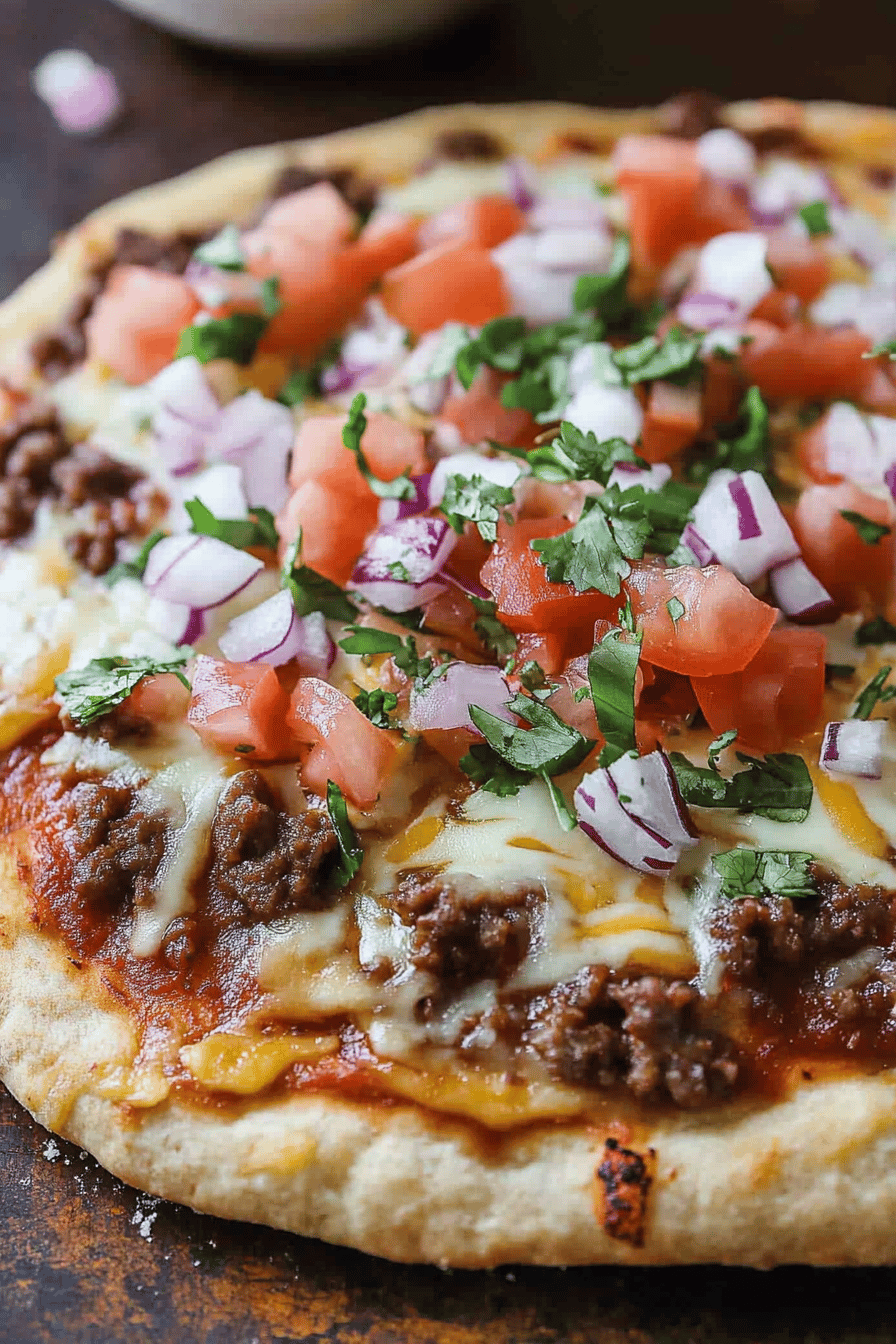 taco pizza slice on plate showing perfect texture and swirl pattern