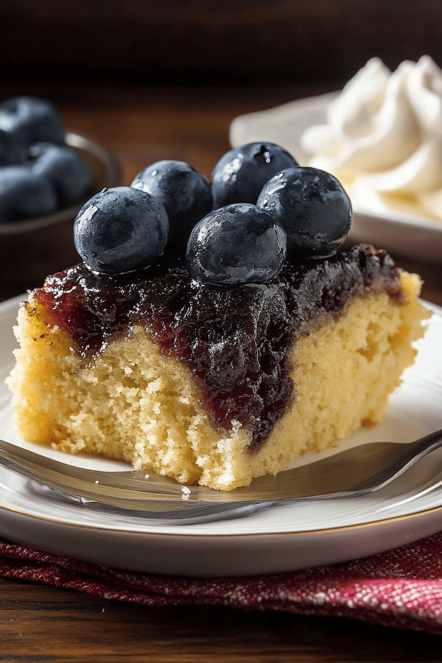upside down cake slice on plate showing perfect texture and swirl pattern
