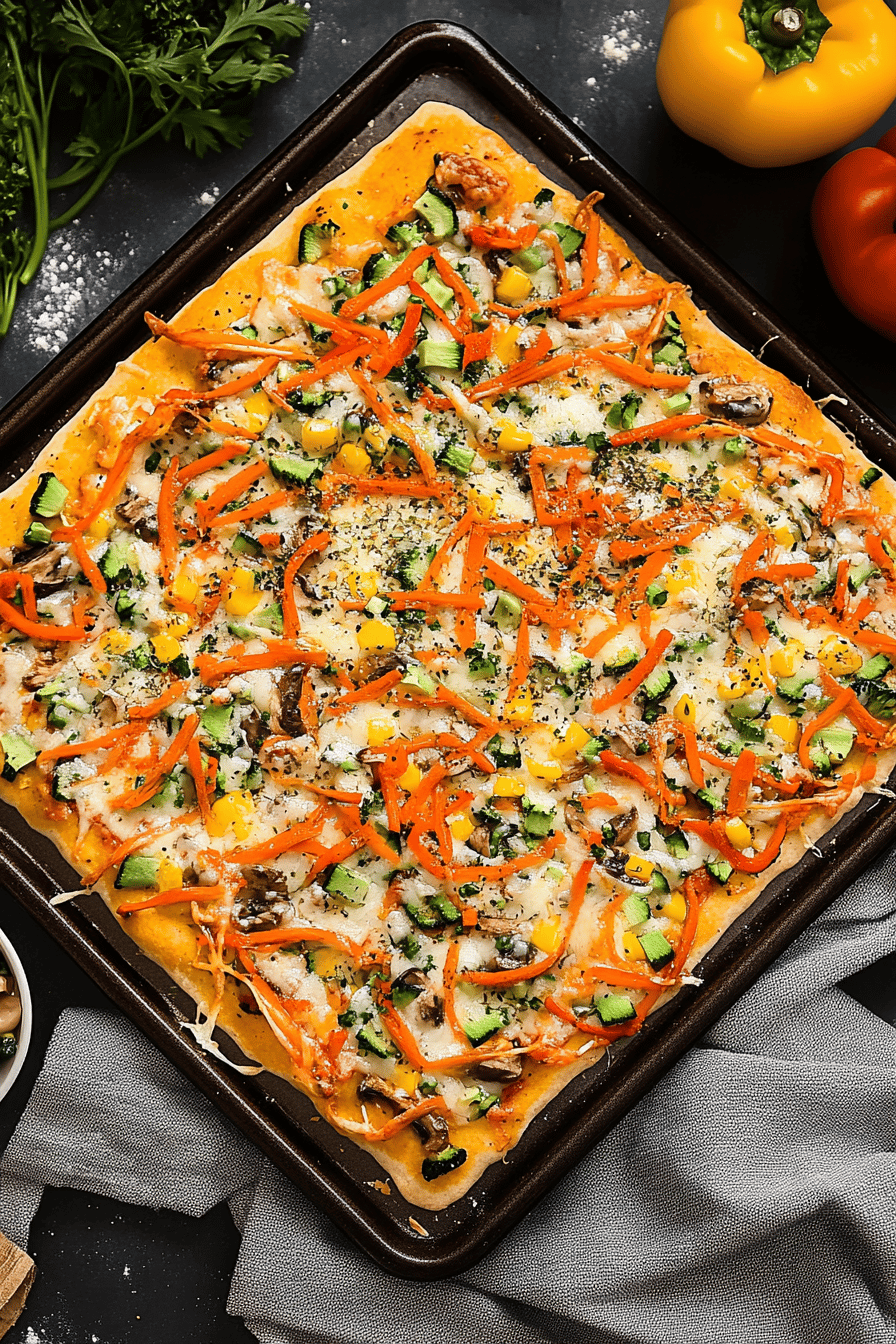 veggie pizza ingredients organized and measured on kitchen counter