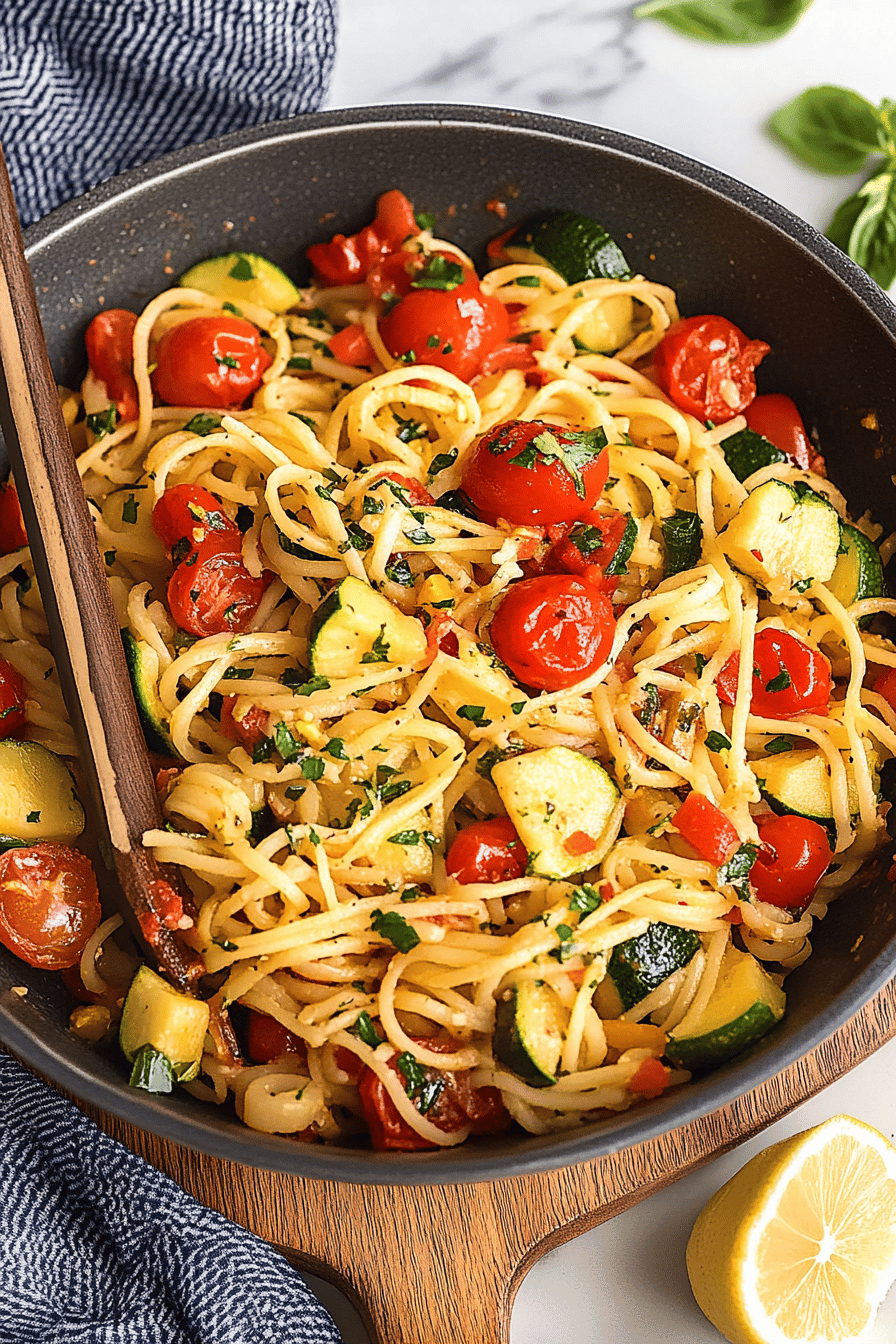 zucchini tomato pasta slice on plate showing perfect texture and swirl pattern