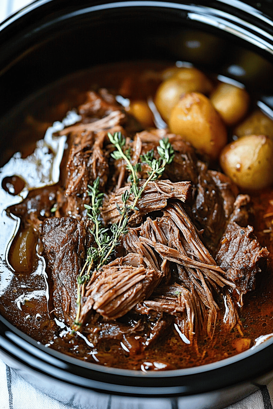 Amish pot roast slice on plate showing perfect texture and swirl pattern
