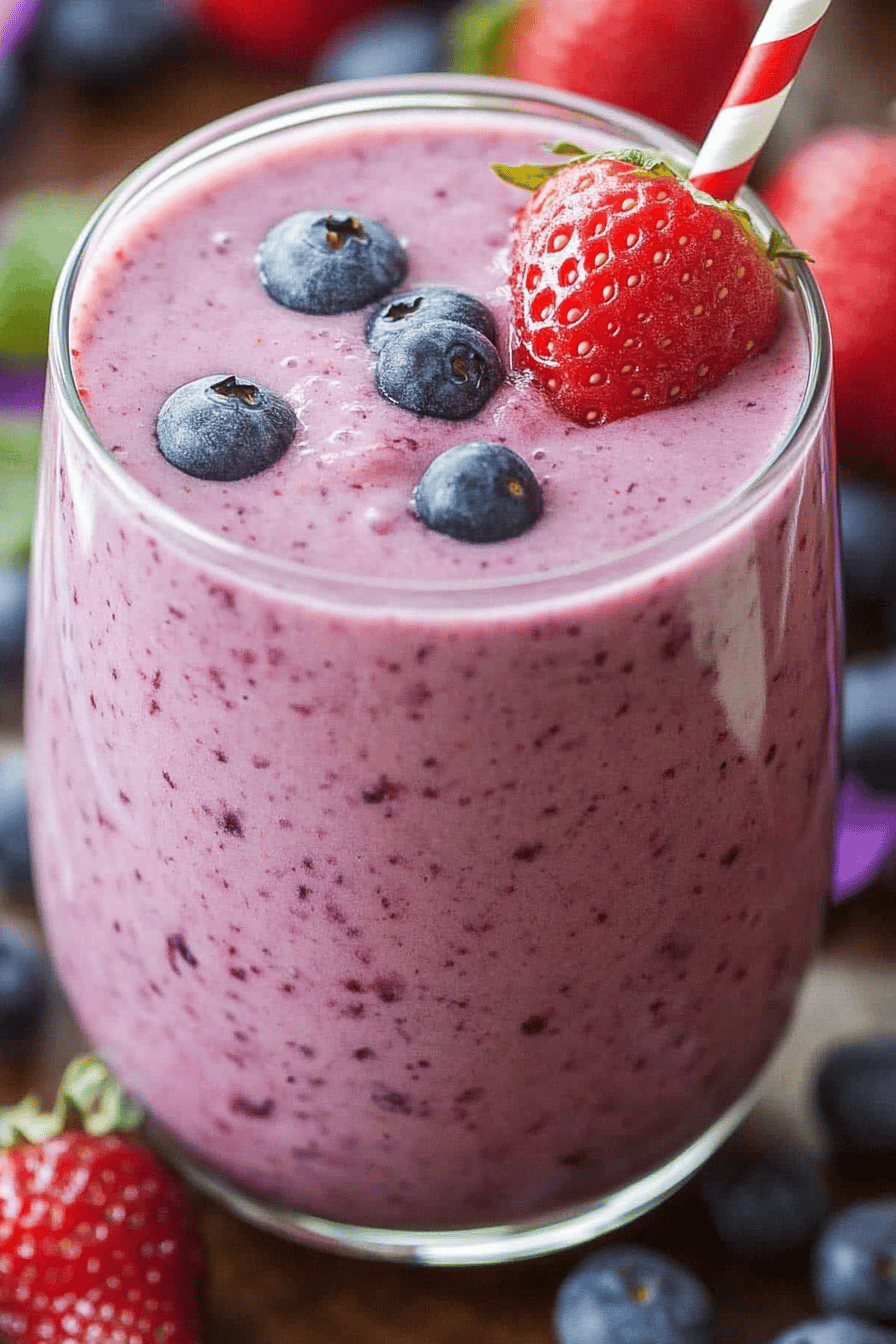 Berry smoothie ingredients organized and measured on kitchen counter
