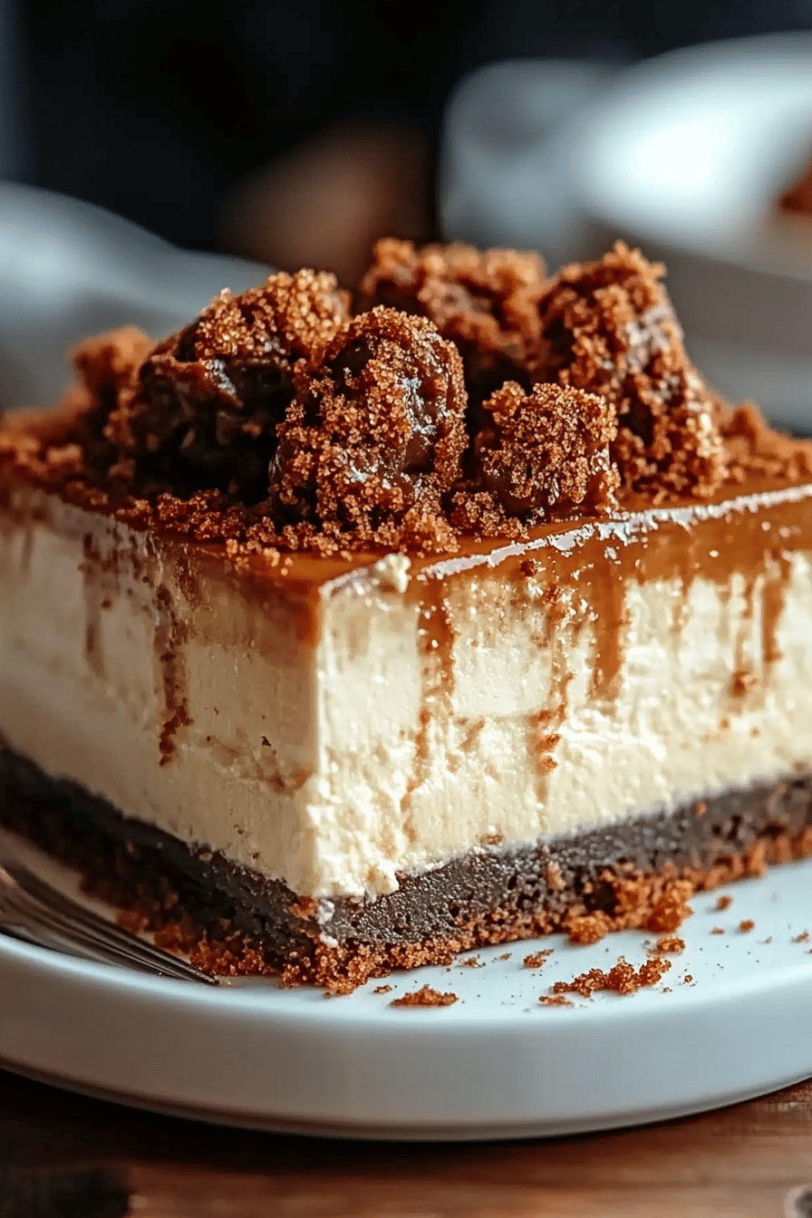 Biscoff cheesecake slice on plate showing perfect texture and swirl pattern