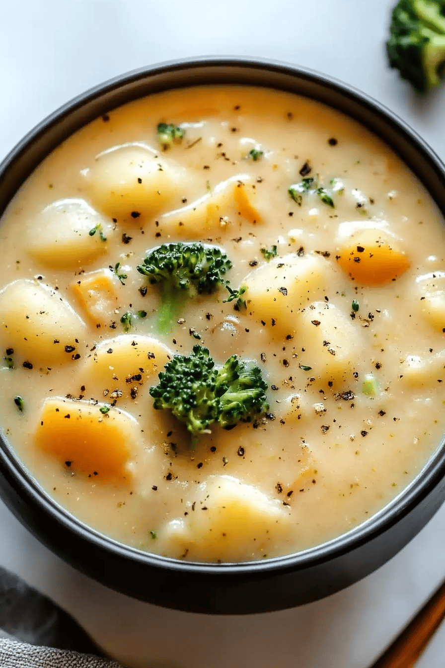 Broccoli potato soup slice on plate showing perfect texture and swirl pattern