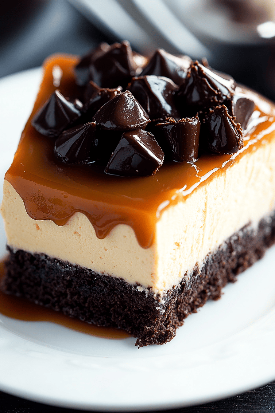 Caramel brownie cheesecake slice on plate showing perfect texture and swirl pattern