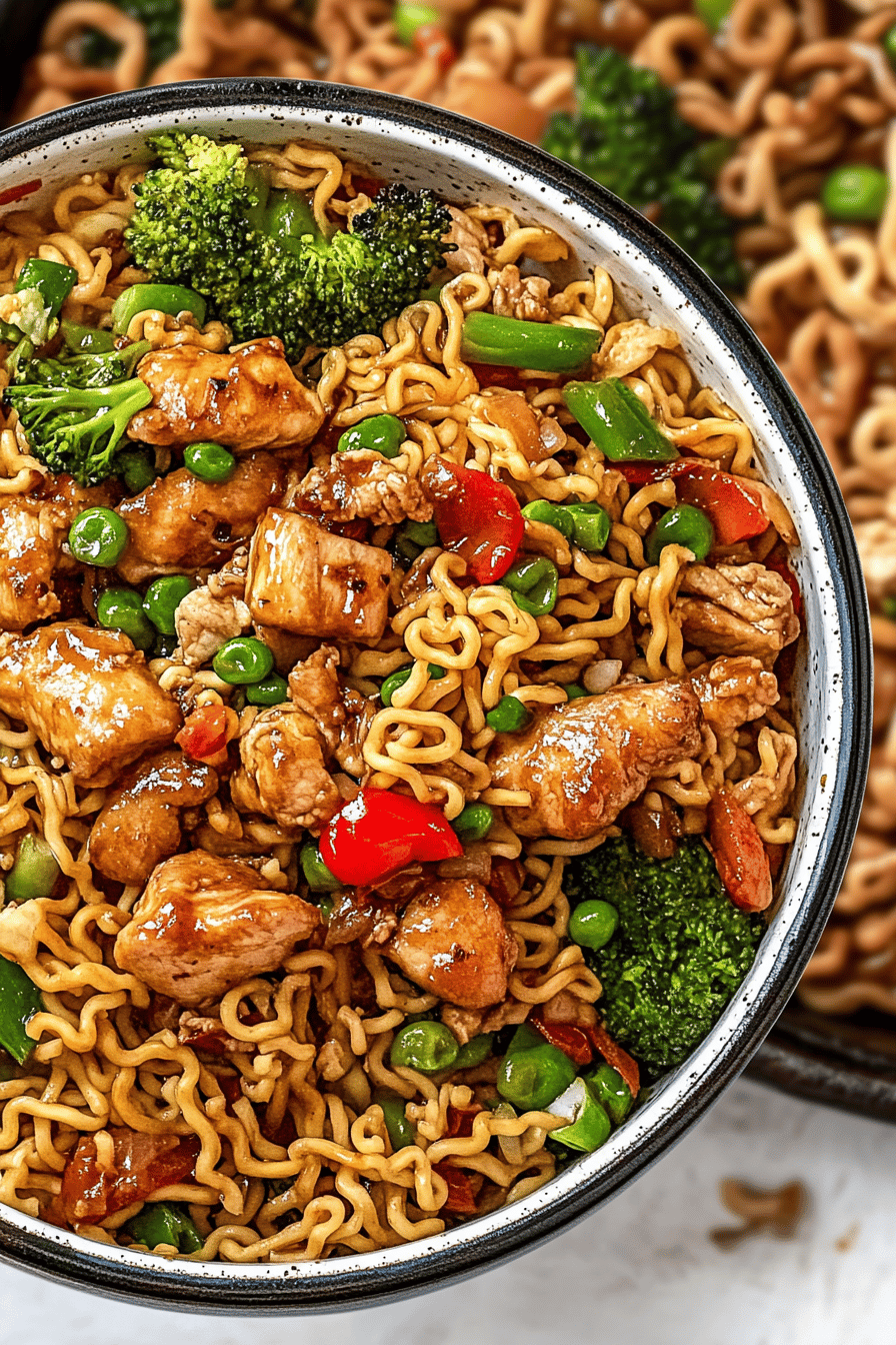 Chicken ramen stir fry ingredients organized and measured on kitchen counter