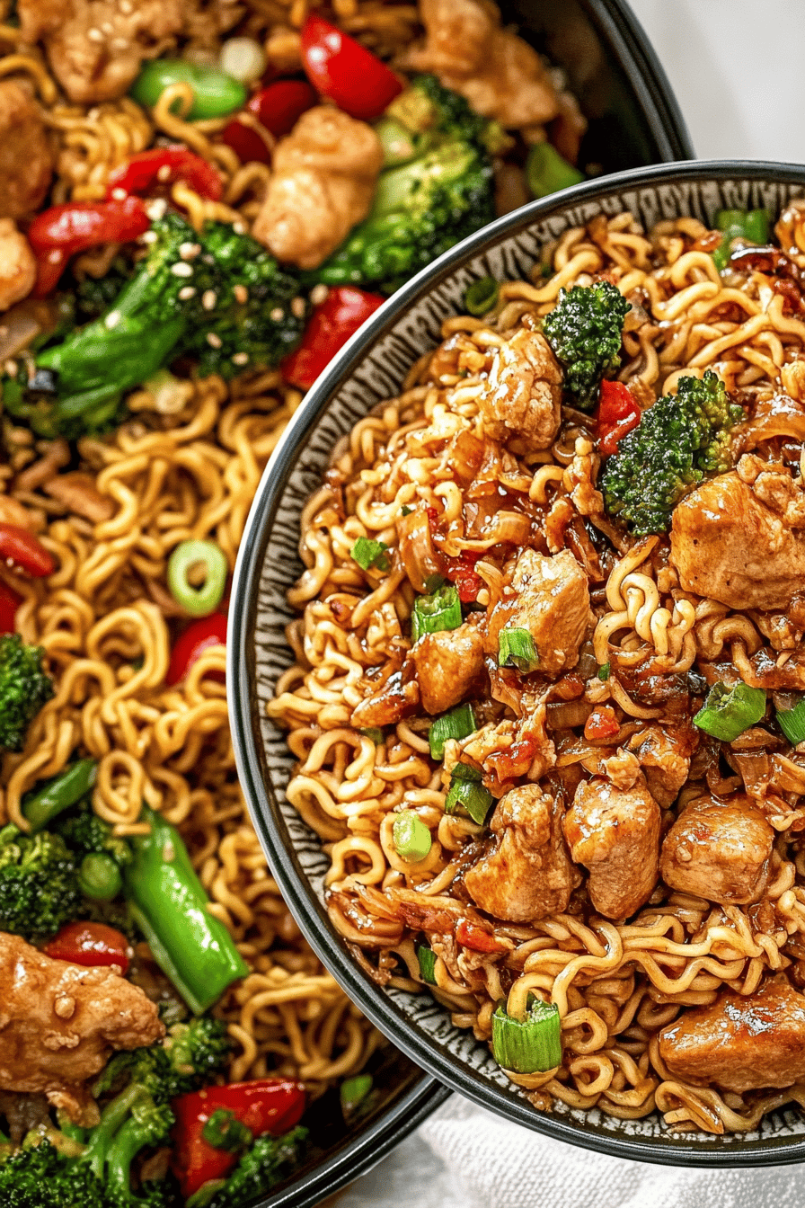 Chicken ramen stir fry slice on plate showing perfect texture and swirl pattern