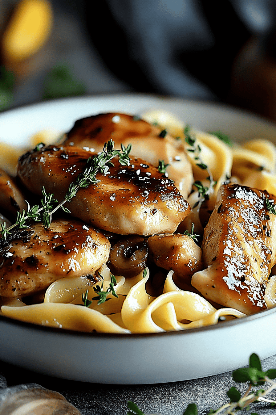Chicken with buttered noodles slice on plate showing perfect texture and swirl pattern
