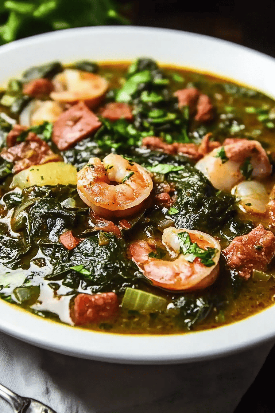 Gumbo greens recipe ingredients organized and measured on kitchen counter