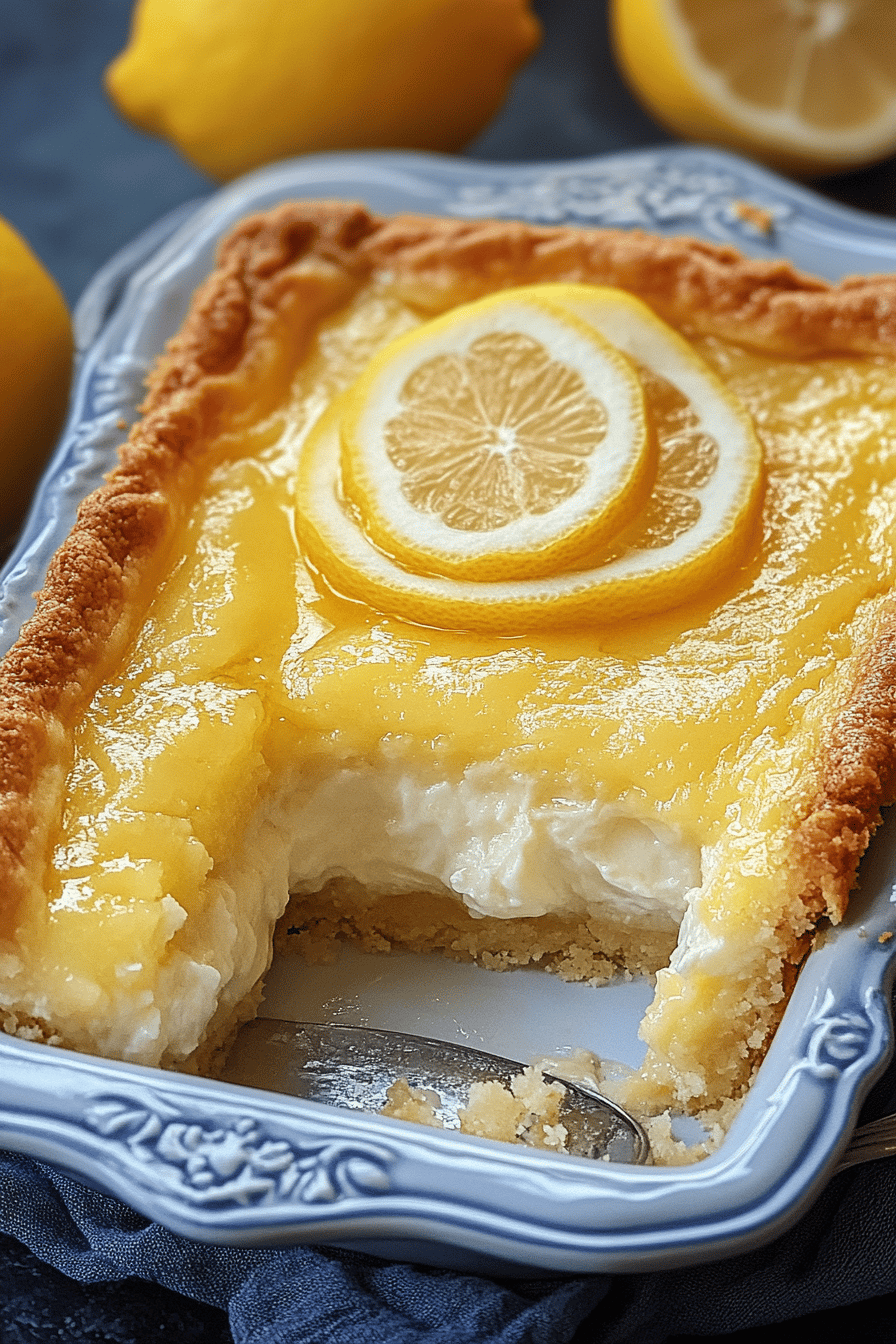 Lemon cream cheese dump cake slice on plate showing perfect texture and swirl pattern