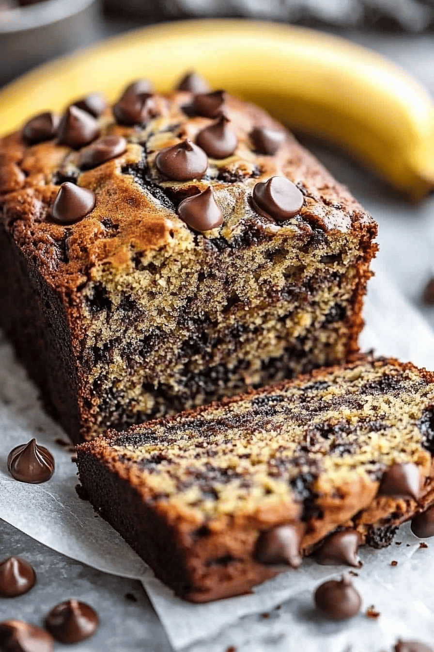 Moist banana bread recipe slice on plate showing perfect texture and swirl pattern