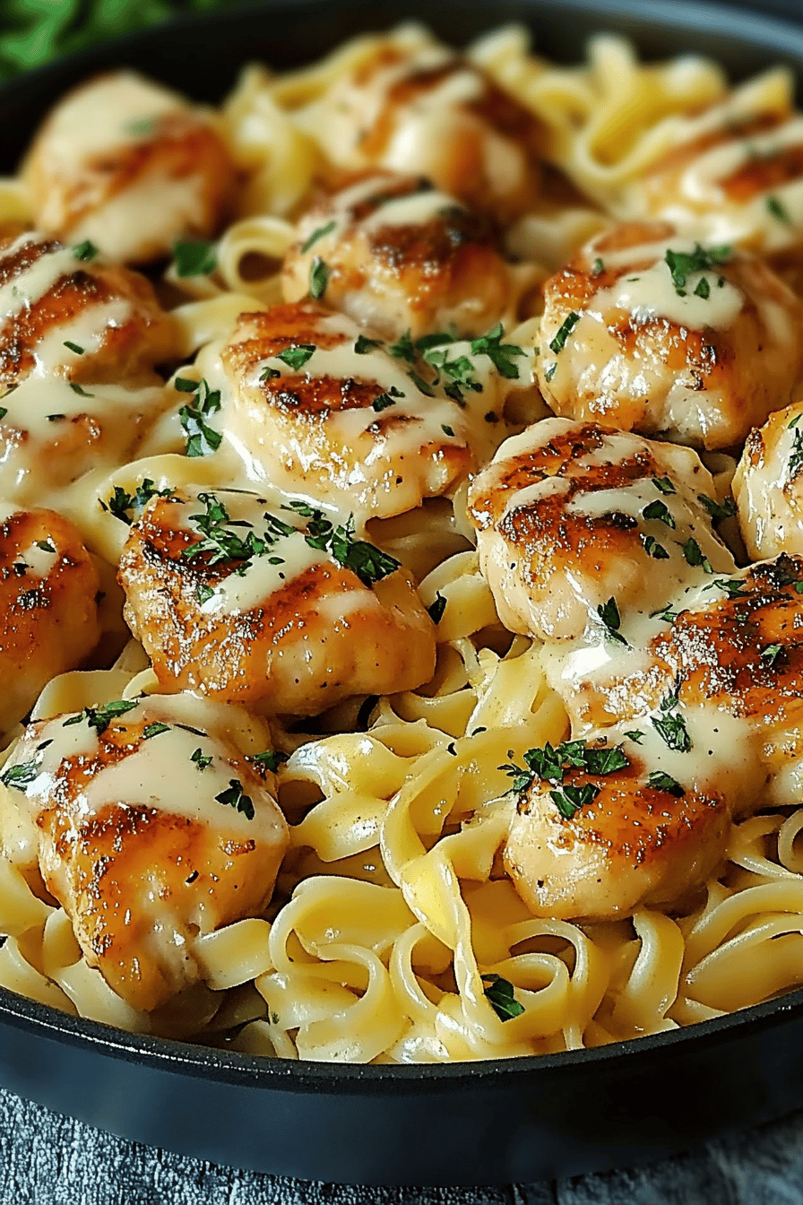 One-pan chicken noodles slice on plate showing perfect texture and swirl pattern