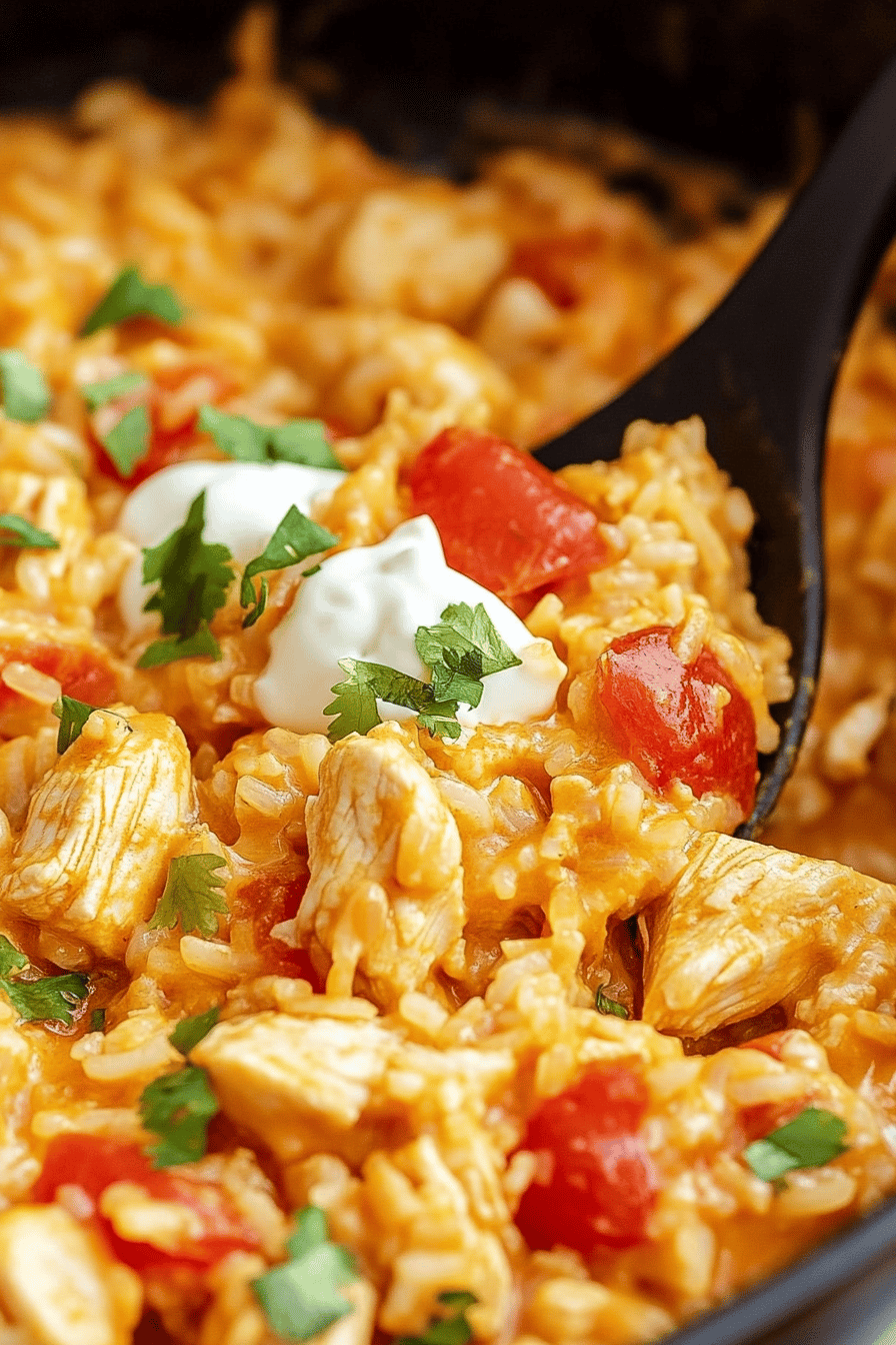One-pot queso chicken rice slice on plate showing perfect texture and swirl pattern