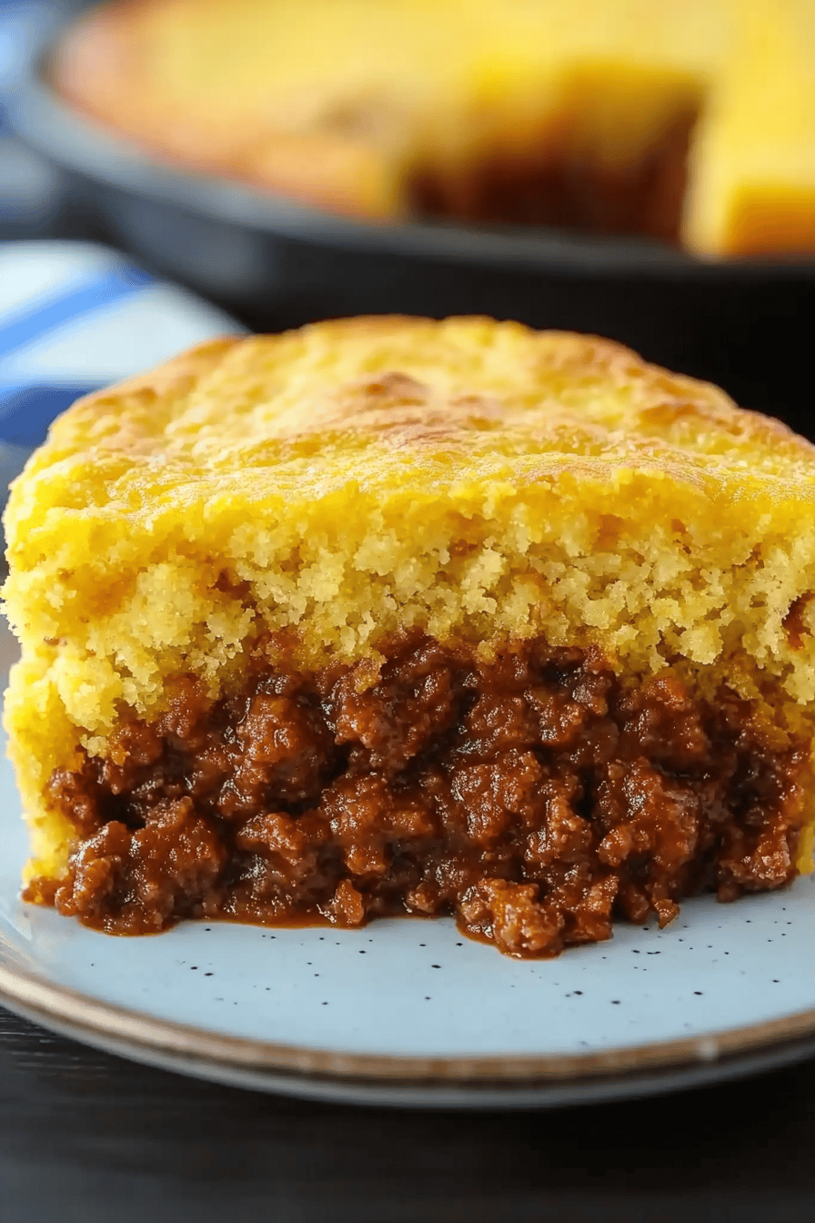 Sloppy Joe cornbread slice on plate showing perfect texture and swirl pattern
