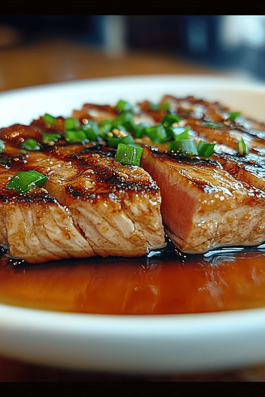 Soy ginger tuna slice on plate showing perfect texture and swirl pattern