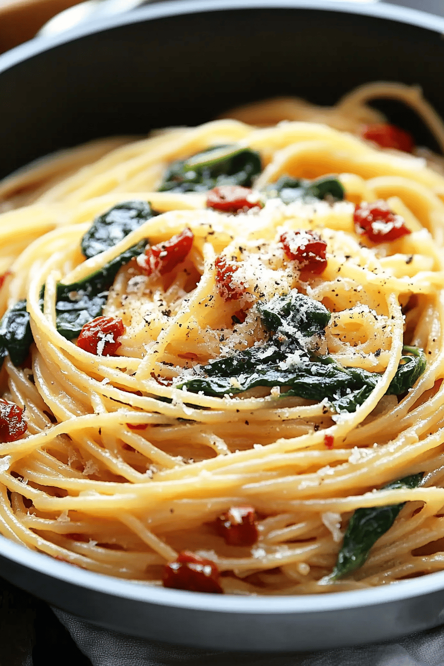 Spaghetti spinach ingredients organized and measured on kitchen counter