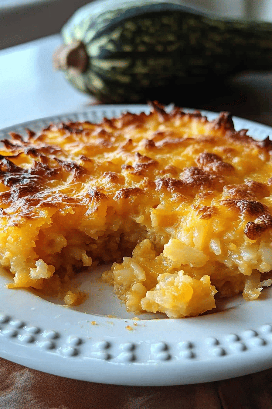 Squash casserole recipe slice on plate showing perfect texture and swirl pattern