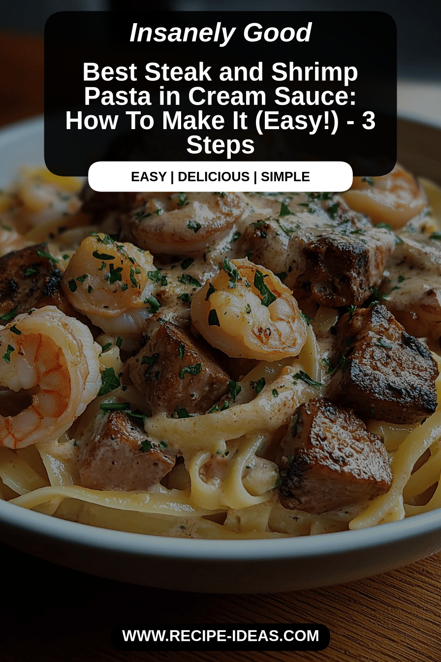 Steak shrimp pasta final dish beautifully presented and ready to serve