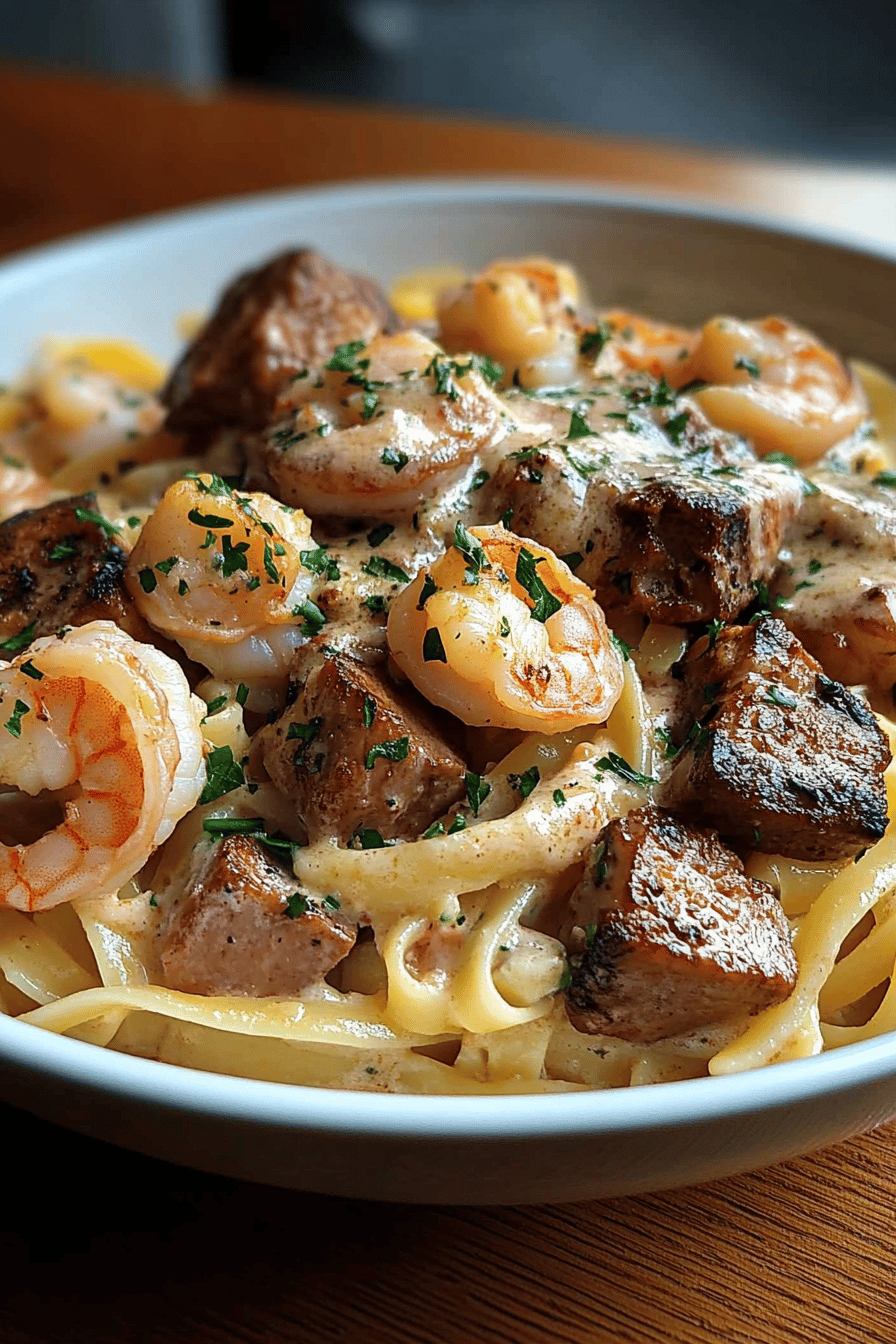 Steak shrimp pasta ingredients organized and measured on kitchen counter