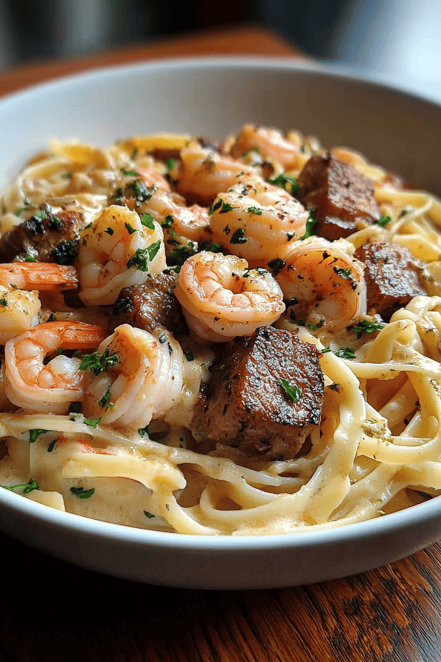 Steak shrimp pasta slice on plate showing perfect texture and swirl pattern