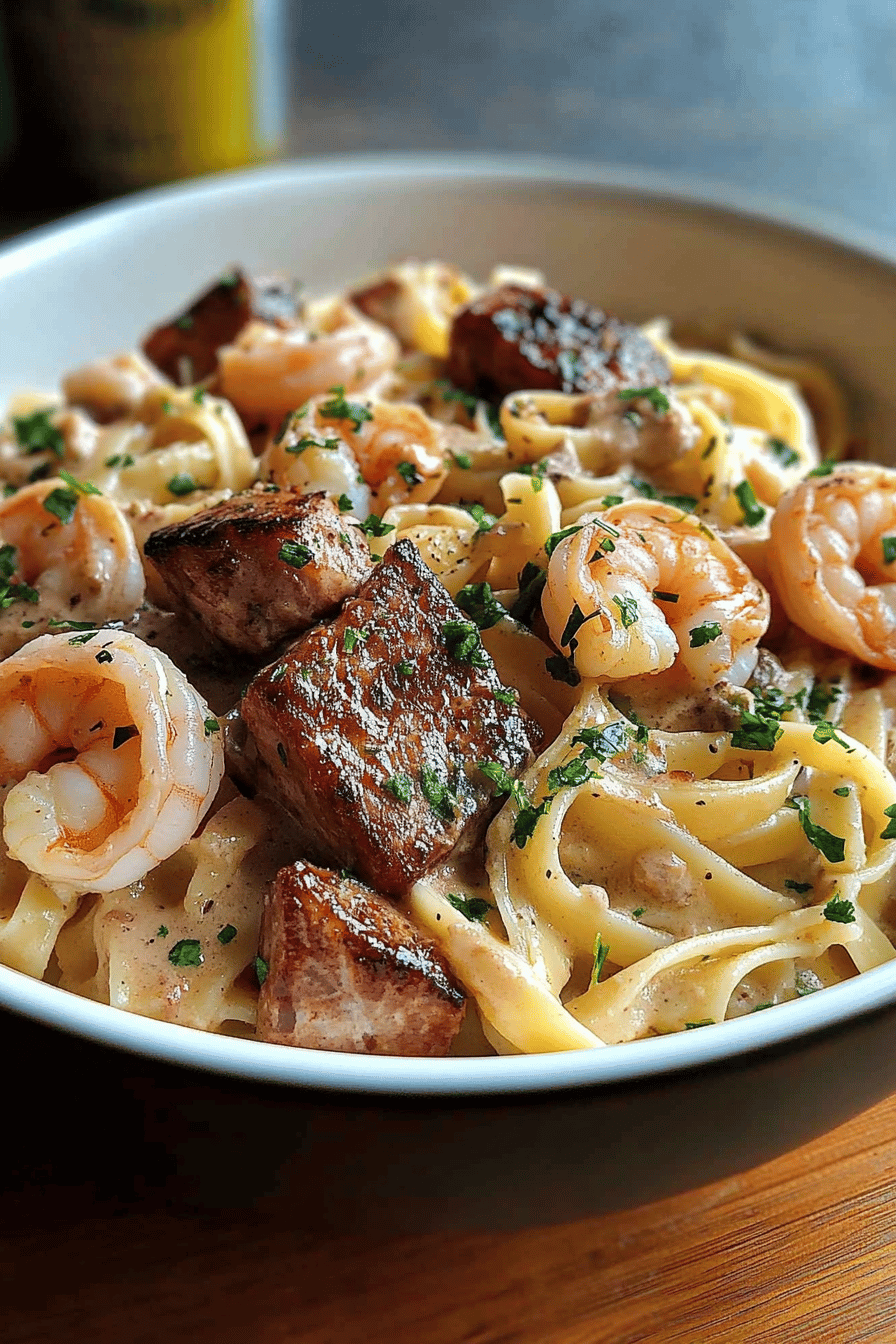 Steak shrimp pasta