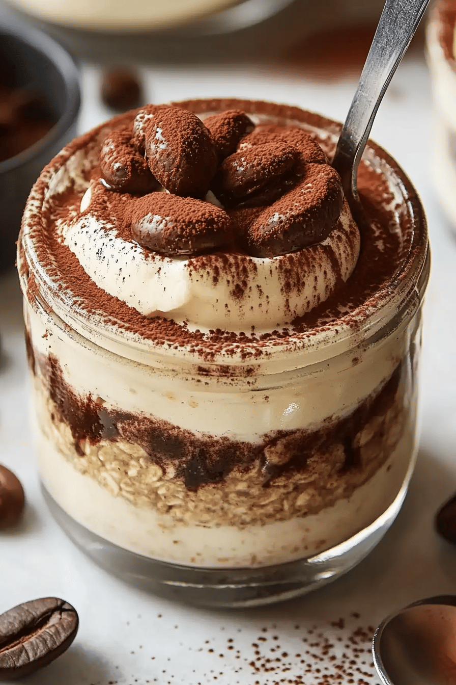 Tiramisu overnight oats slice on plate showing perfect texture and swirl pattern