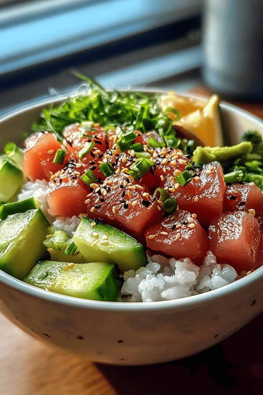 Tuna poke bowl ingredients organized and measured on kitchen counter