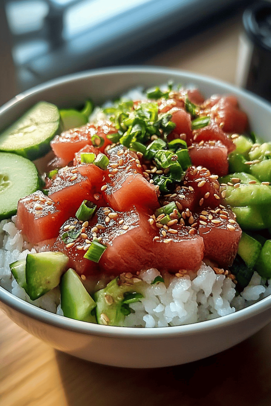 Tuna poke bowl slice on plate showing perfect texture and swirl pattern