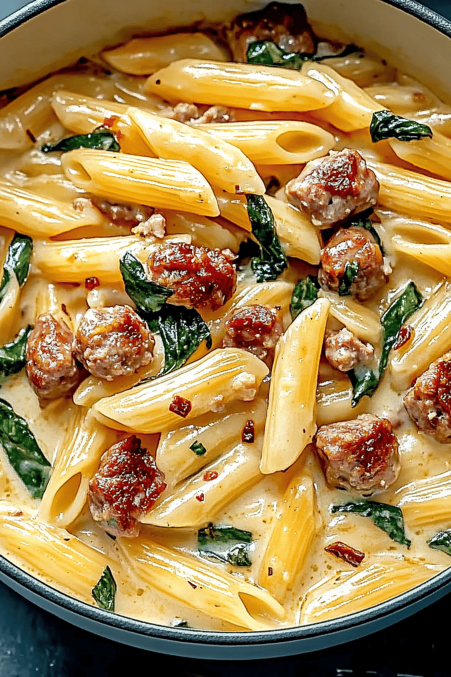 Tuscan sausage pasta slice on plate showing perfect texture and swirl pattern