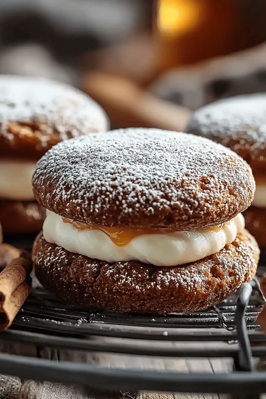 apple cider whoopie pies slice on plate showing perfect texture and swirl pattern