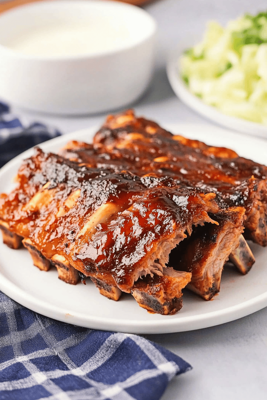 baby back ribs slice on plate showing perfect texture and swirl pattern