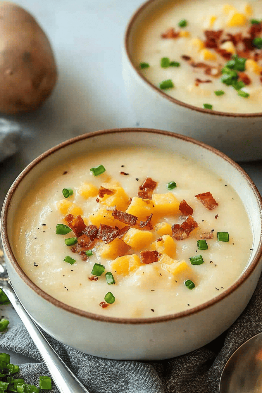 baked potato soup slice on plate showing perfect texture and swirl pattern