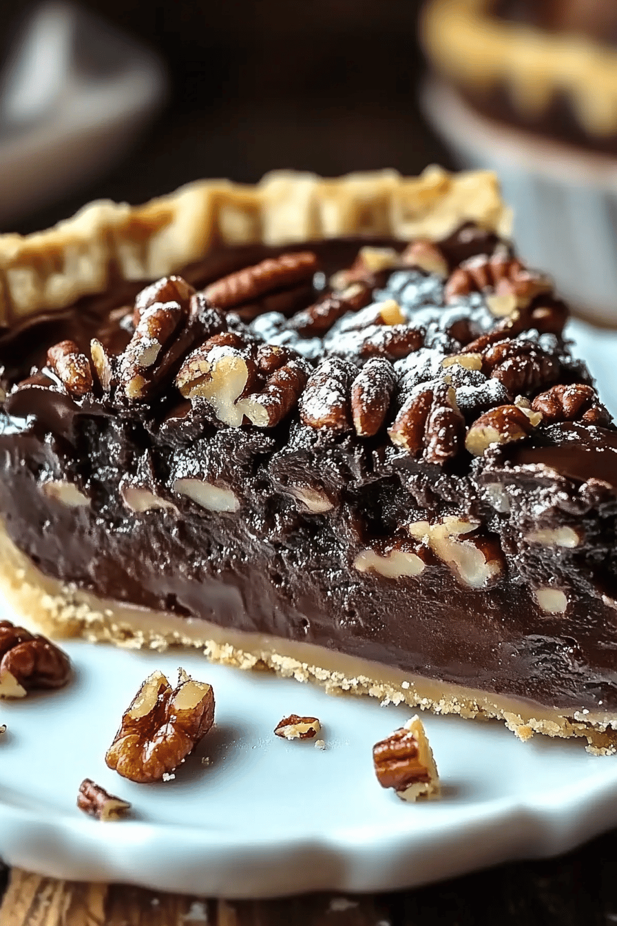 chocolate pecan pie slice on plate showing perfect texture and swirl pattern