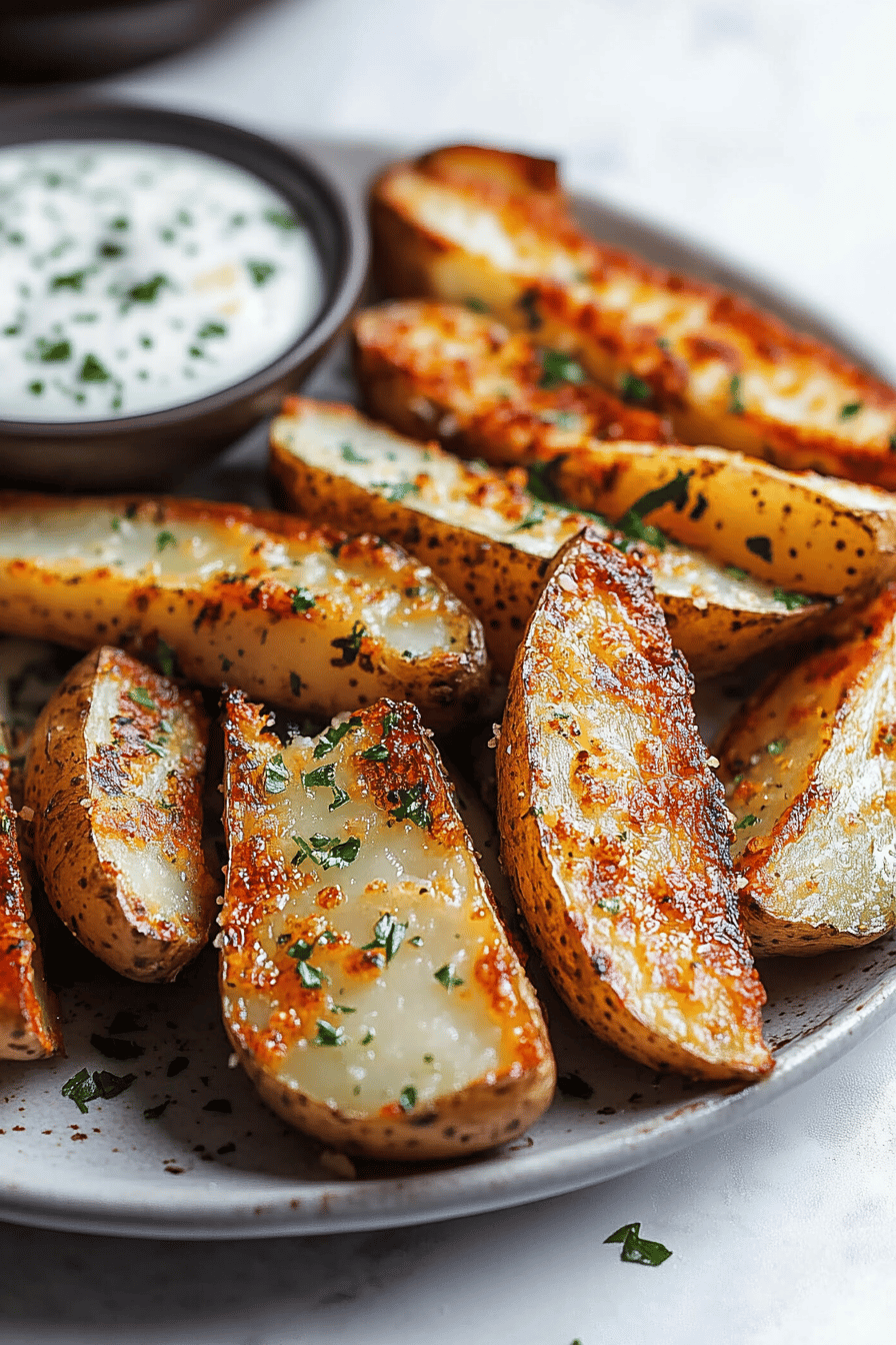 Ingredients for potato wedges laid out on a kitchen counter: potatoes, olive oil, spices, and Parmesan cheese