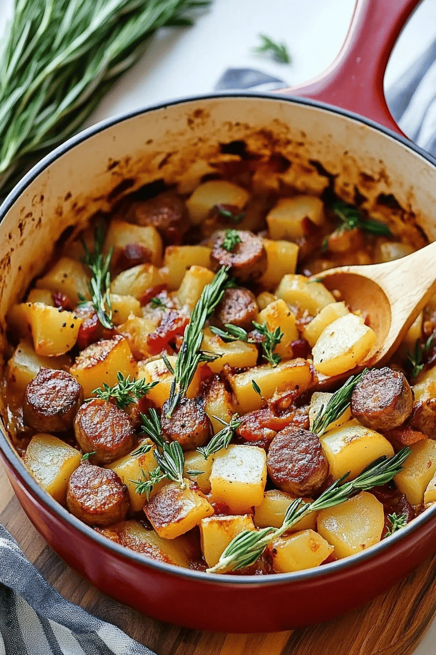 sausage potato casserole ingredients organized and measured on kitchen counter