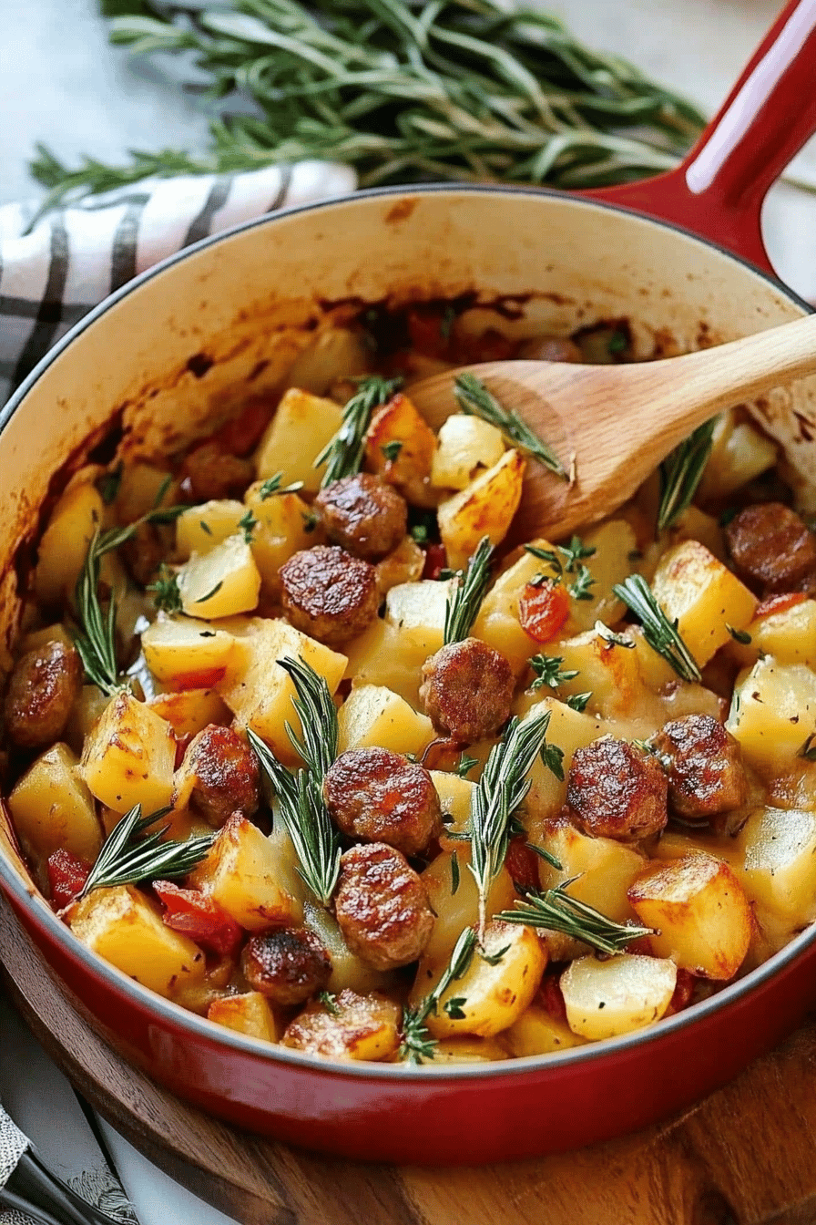 sausage potato casserole slice on plate showing perfect texture and swirl pattern