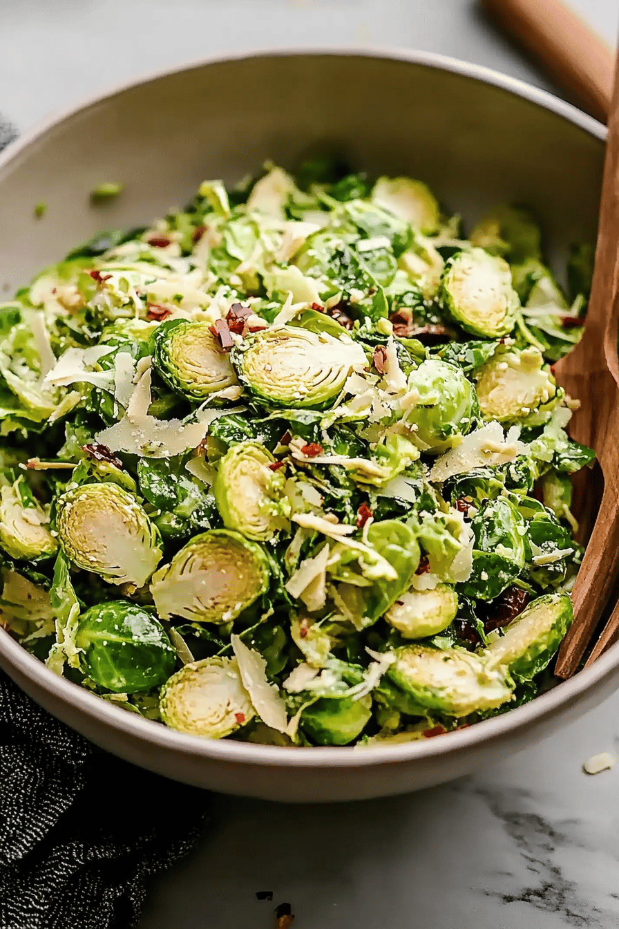 shaved brussels sprout salad slice on plate showing perfect texture and swirl pattern