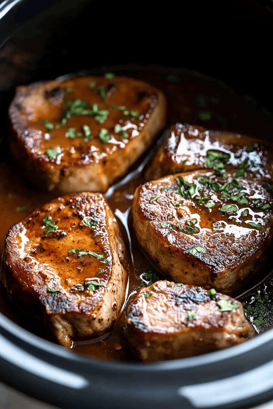 slow cooker pork chops ingredients organized and measured on kitchen counter