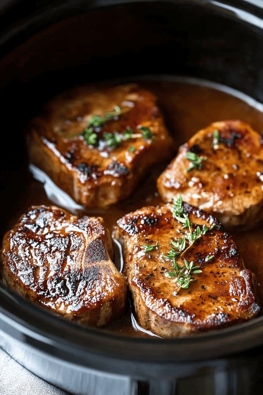 slow cooker pork chops slice on plate showing perfect texture and swirl pattern