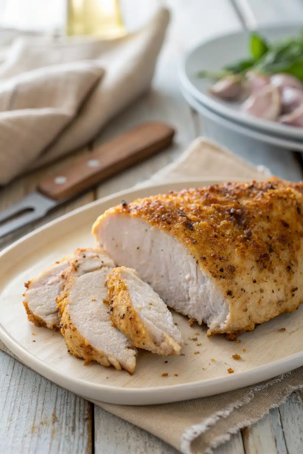 Air Fryer Chicken Breast slice on plate showing perfect texture and swirl pattern
