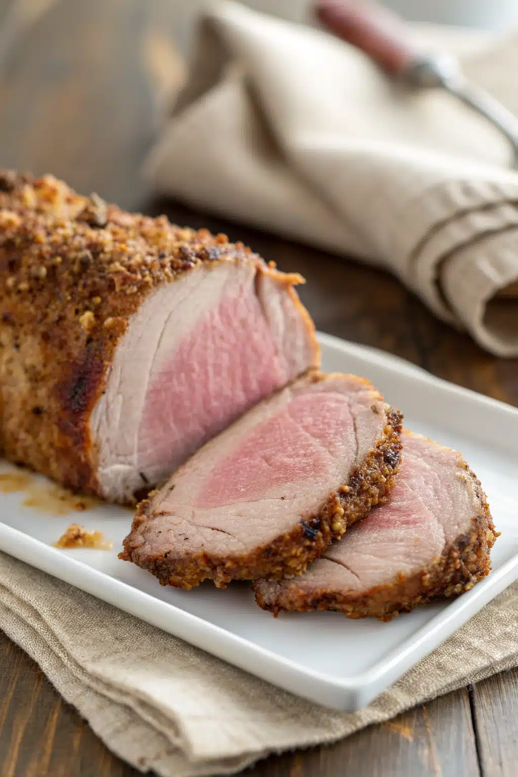 Air Fryer Pork Tenderloin slice on plate showing perfect texture and swirl pattern