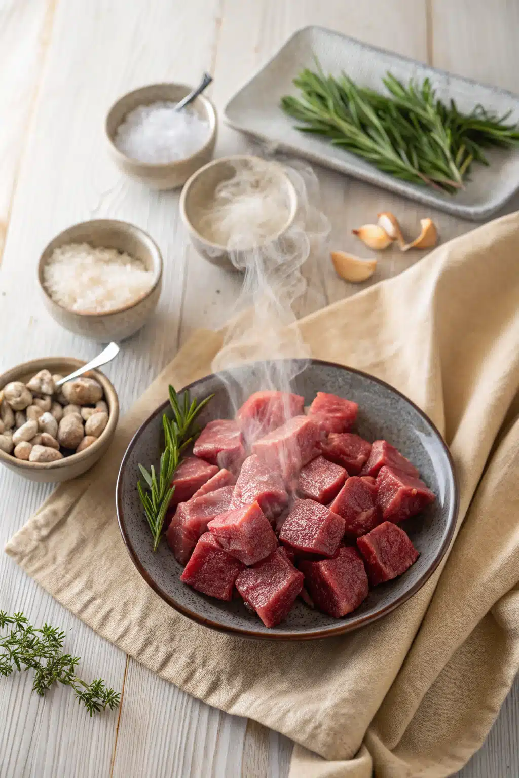Air Fryer Steak Bites beautifully presented from an overhead angle