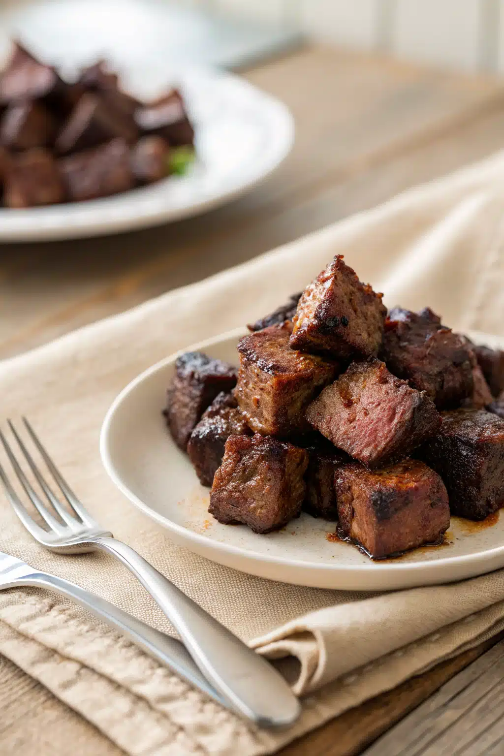 Air Fryer Steak Bites ingredients organized and measured on kitchen counter
