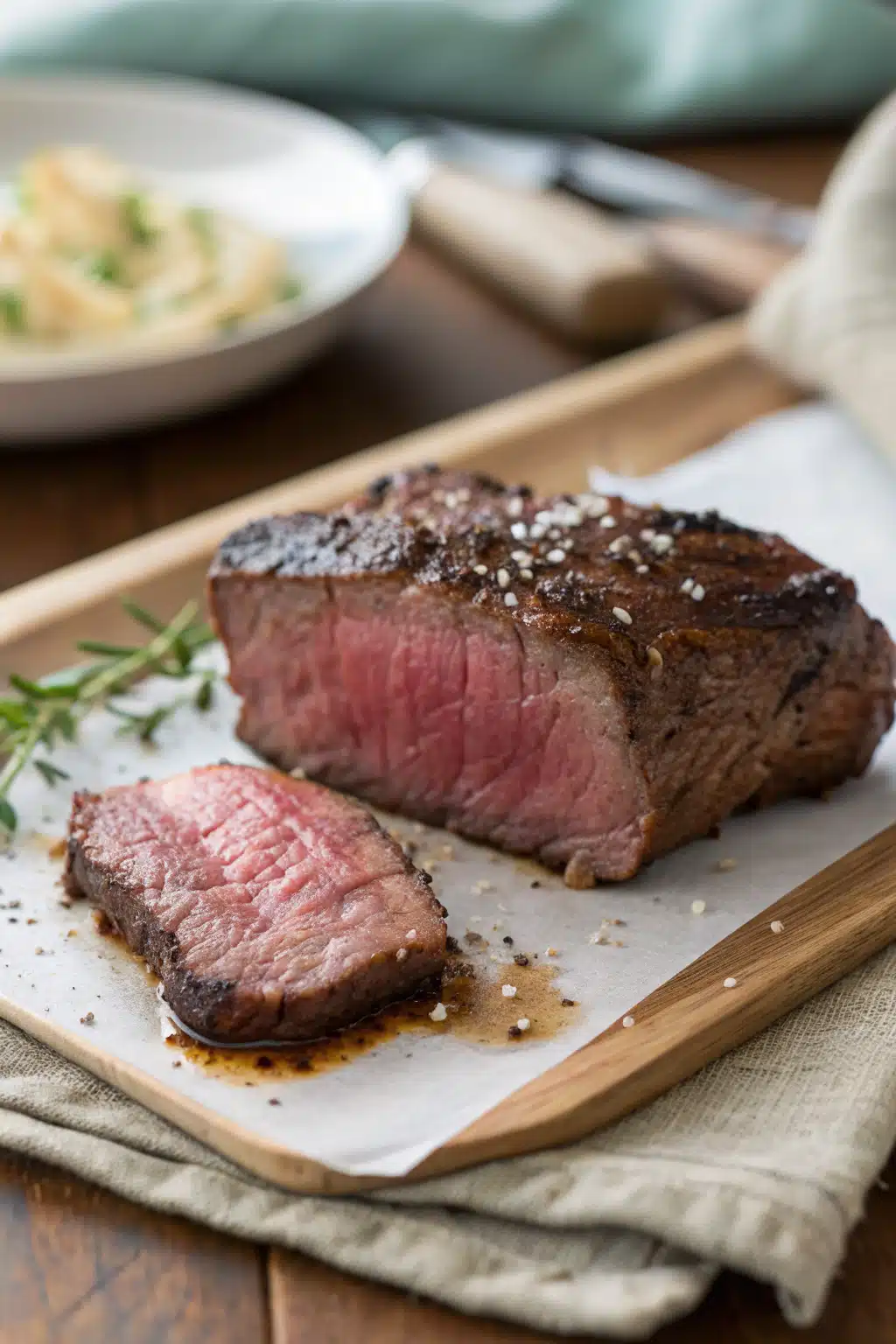 Air Fryer Steak Bites slice on plate showing perfect texture and swirl pattern
