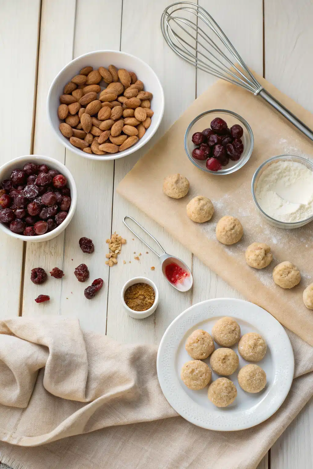 Almond Cherry Cookies beautifully presented from an overhead angle