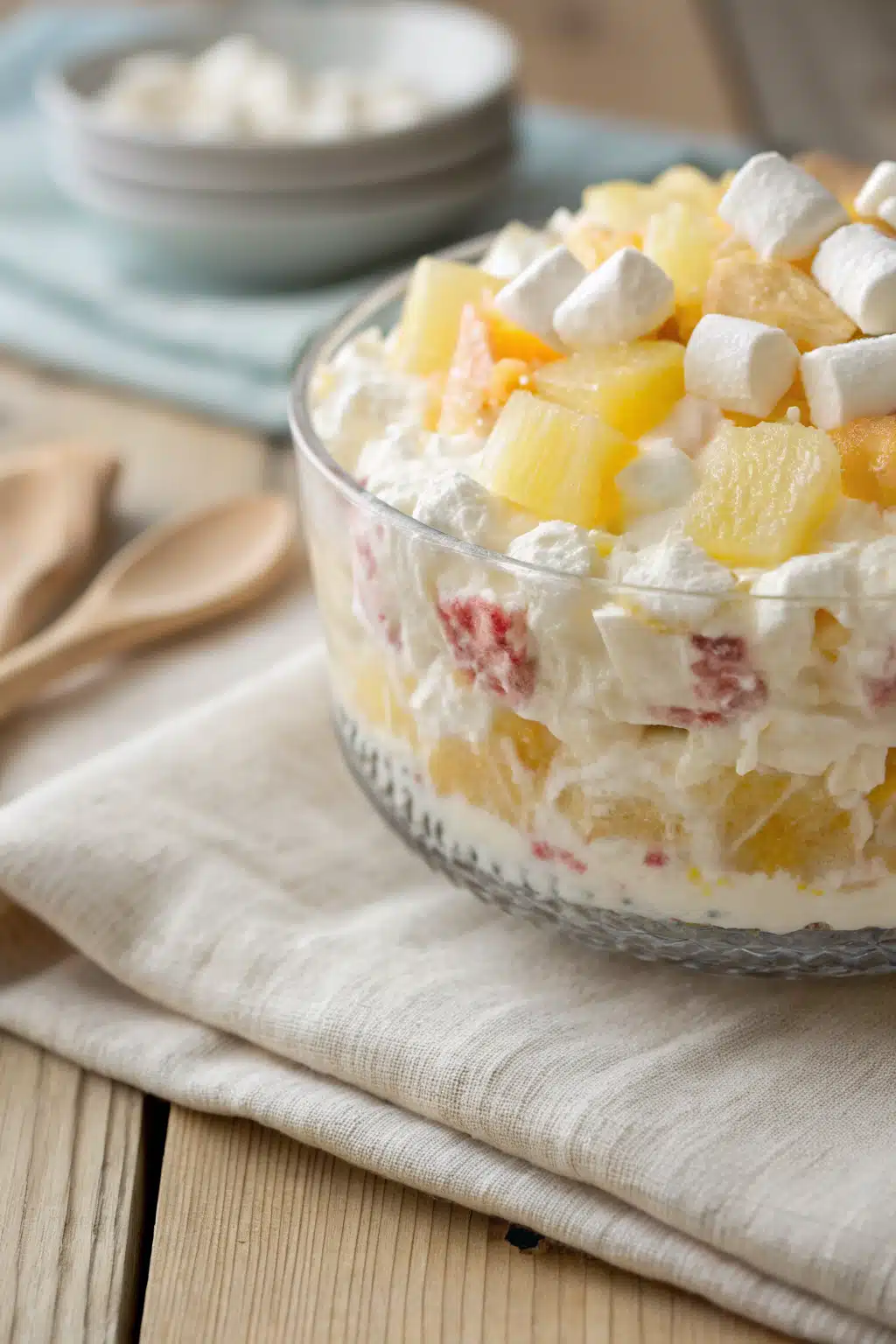 Ambrosia Salad slice on plate showing perfect texture and swirl pattern