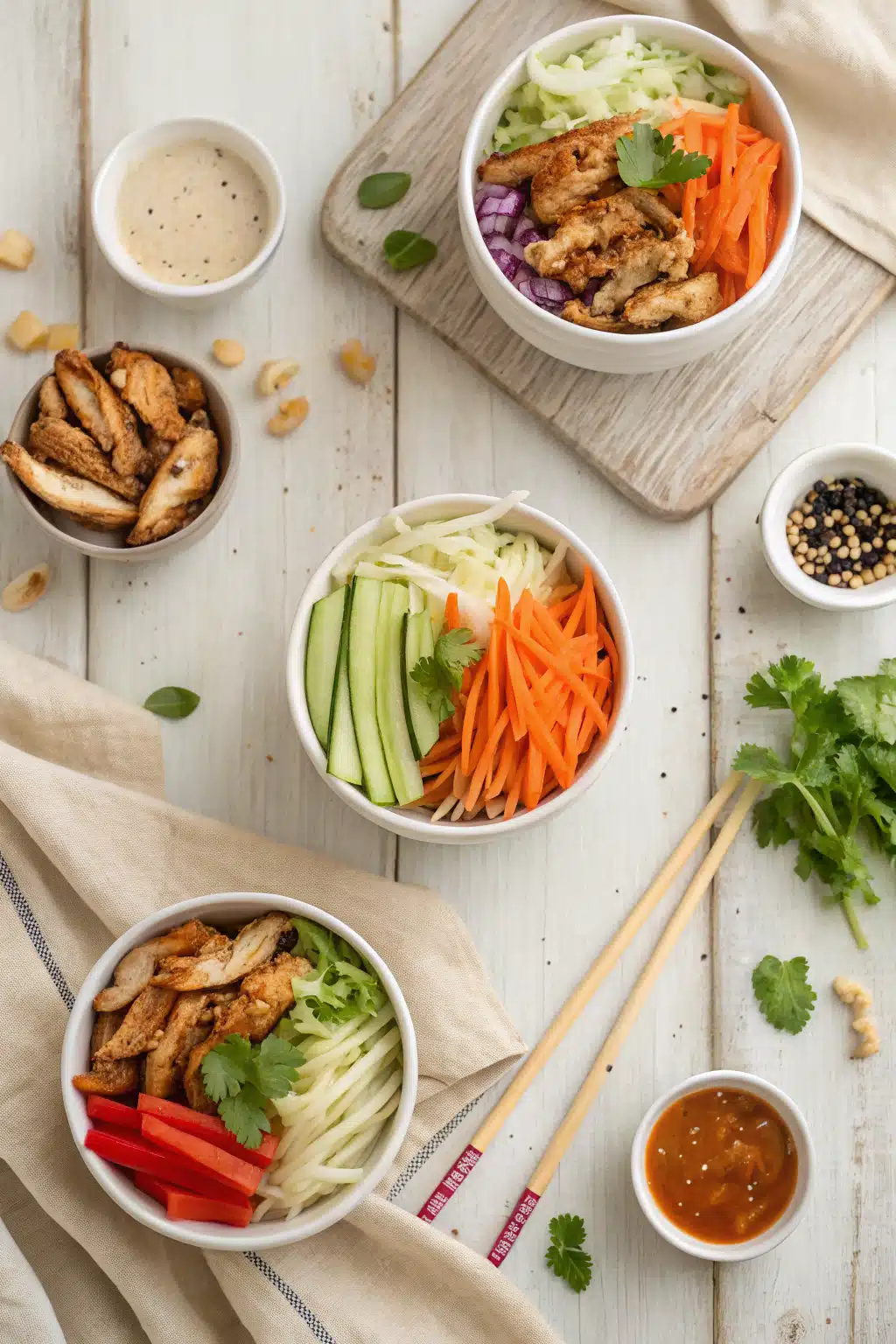 Asian Chicken Salad beautifully presented from an overhead angle